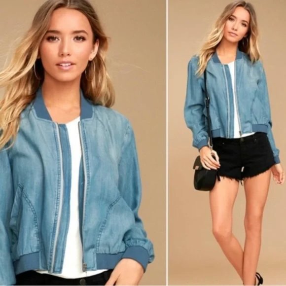 Cloth & Stone Cropped Chambray Bomber Jacket Anthropologie Lightweight - Picture 1 of 7